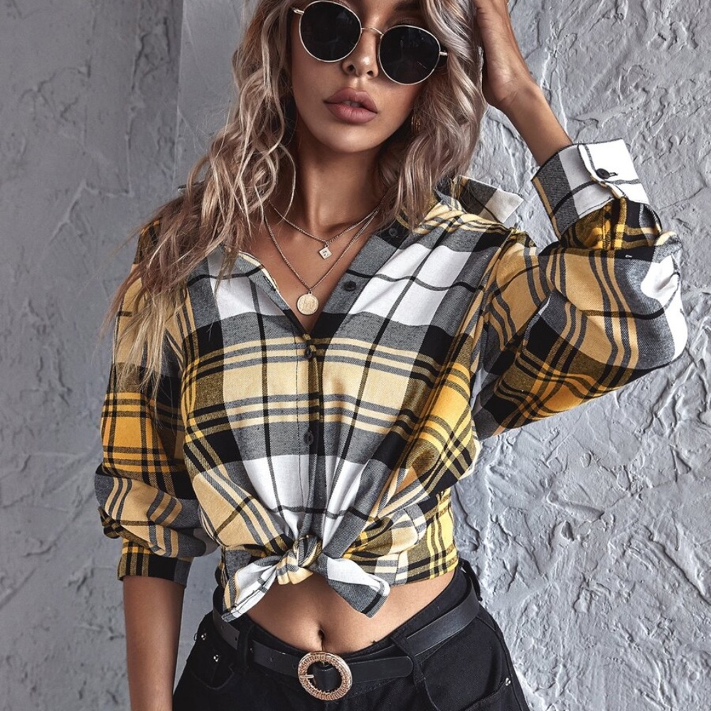 Boho Plaid Button Casual Minimalist Top - Picture 7 of 15
